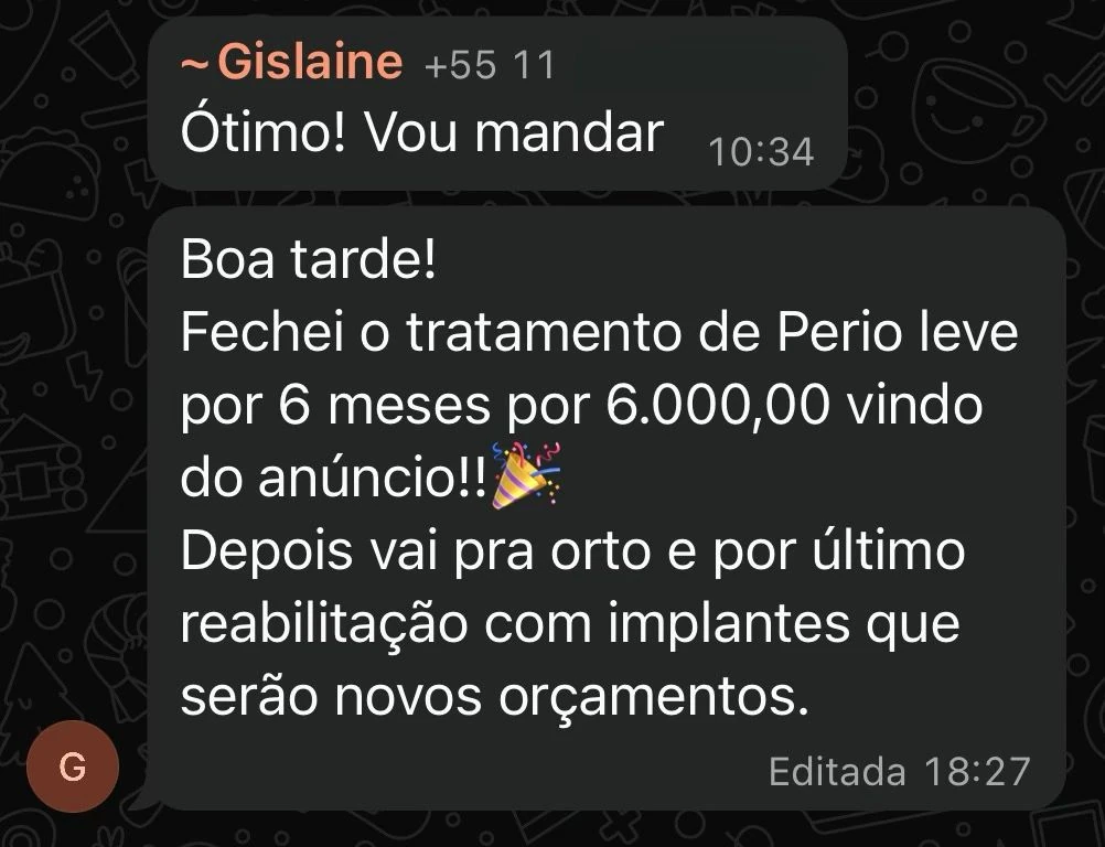 Conversa de WhatsApp: Gislaine fechou tratamento de perio leve por 6.000 vindo do anúncio