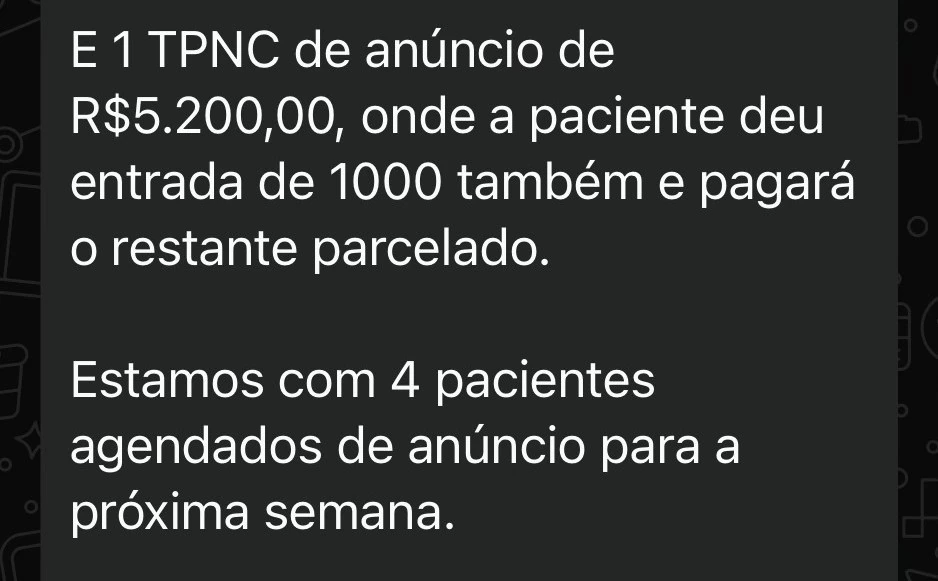 Conversa de WhatsApp: TPNC de anúncio de R$ 5.200 e 4 pacientes agendados de anúncio para a próxima semana